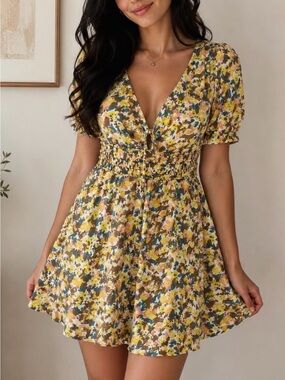 Free people Forget me NOT Yellow Floral V-Neck Short Dress